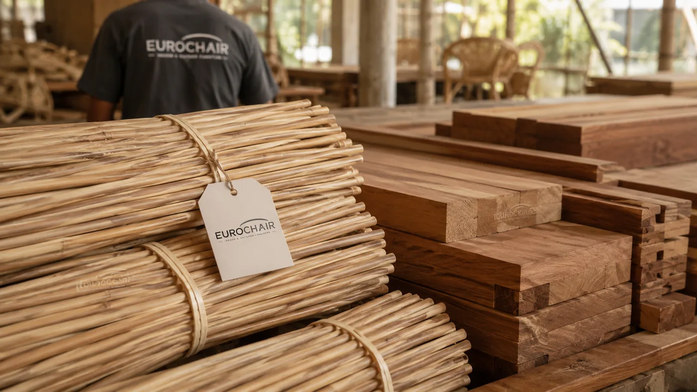 Raw rattan and wood materials at Eurochair factory