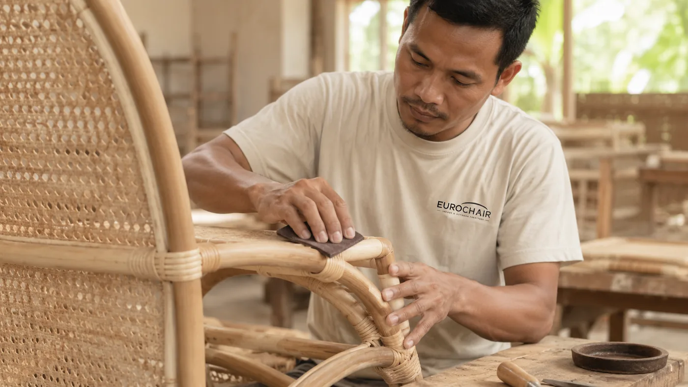 Hand finishing detail on rattan furniture